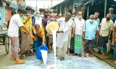 রাস্তায় দুধ ফেলে দুগ্ধ খামারিদের প্রতিবাদ